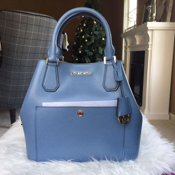 NWT Michael Kors Greenwich Large Leather Grab Bag Blue - Picture 1 of 6